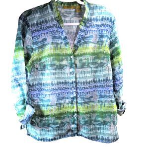 Valerie Stevens Sheer Burnout Linen Blend Button Shirt Spring Abstract Sz Large